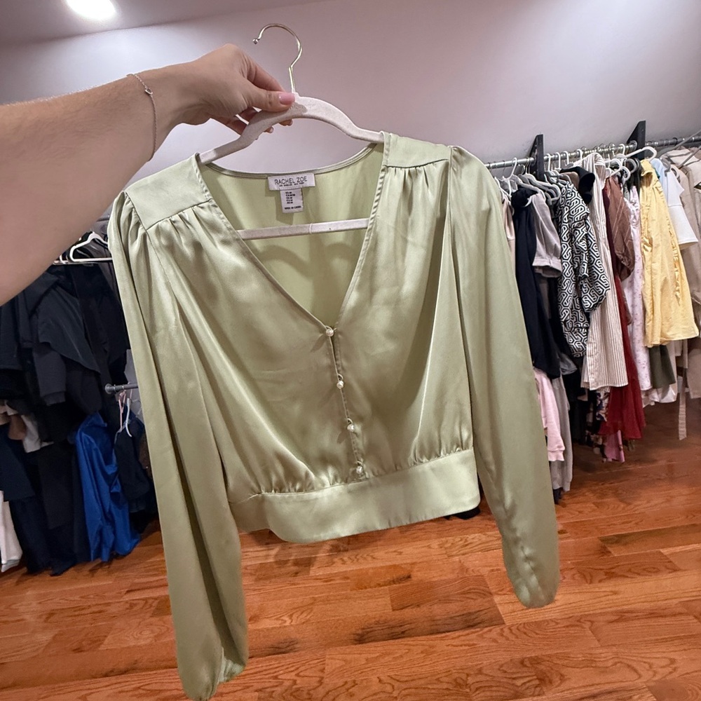 Rachel Zoe Sage Satin V-Neck Pearl Button Blouse